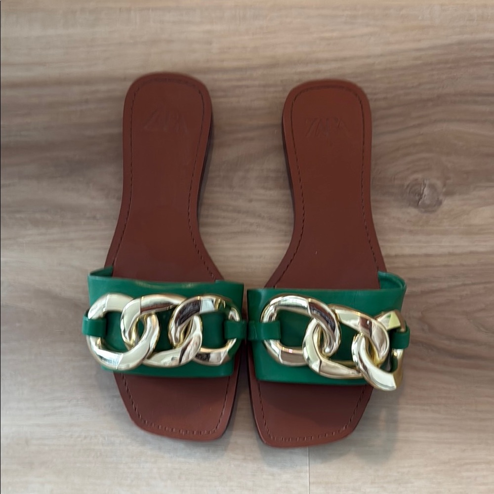 Zara Green and Gold Sandals with Luxurious Chain Detail
